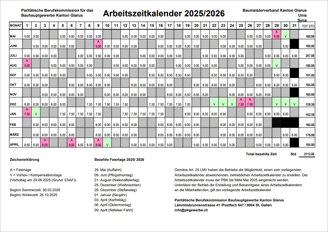 Arbeitszeitkalender 2025